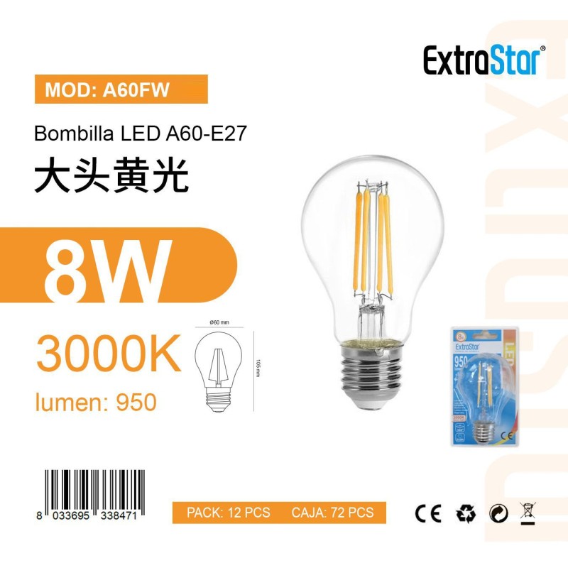 Bombilla LED A60,casquilloE27,8W