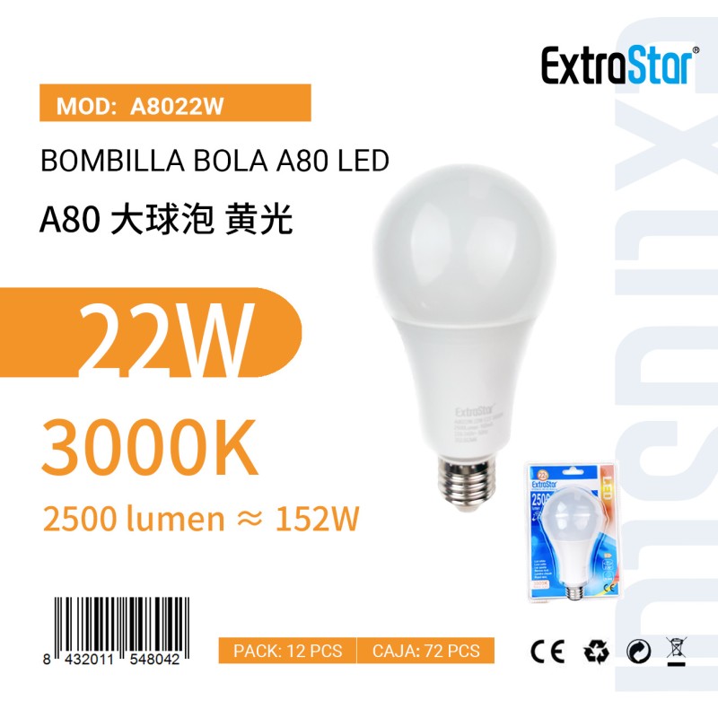 Bombilla Bola A80 LED,22W