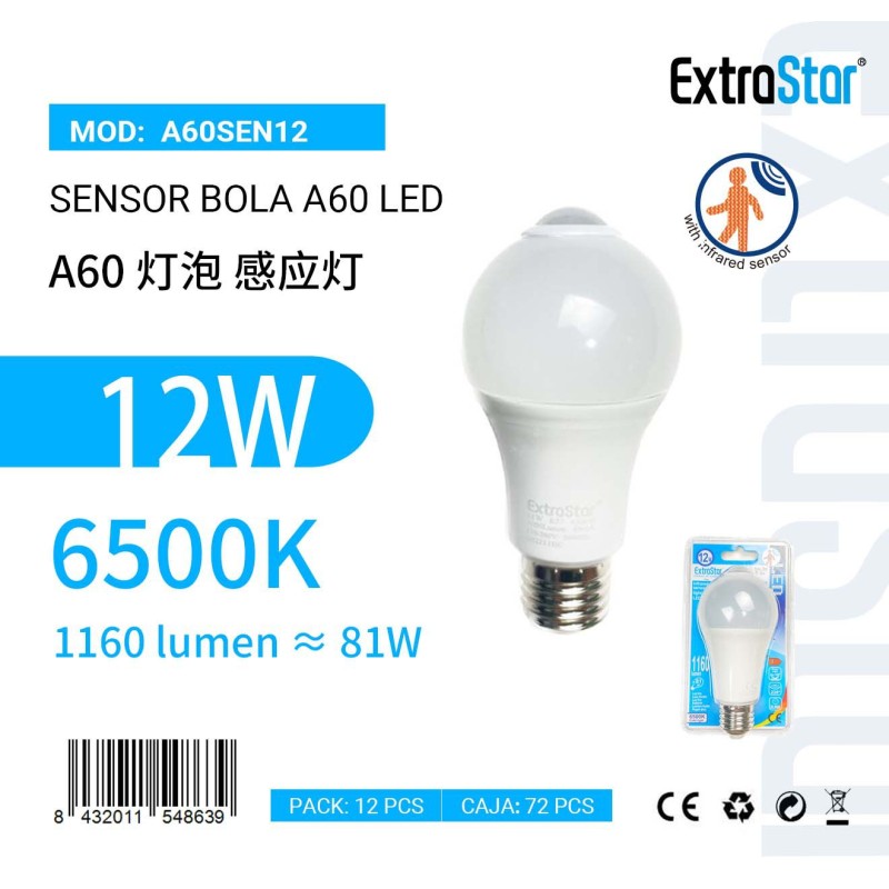 Sensor LED con luz infrarroja A60 E27,12W