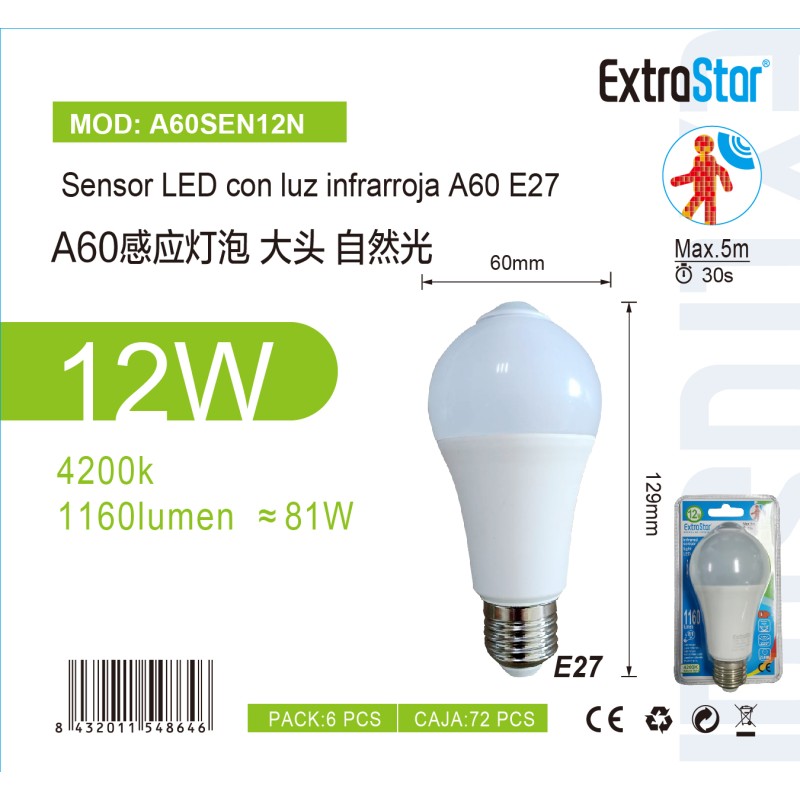 Sensor LED con luz infrarroja A60 E27,12W