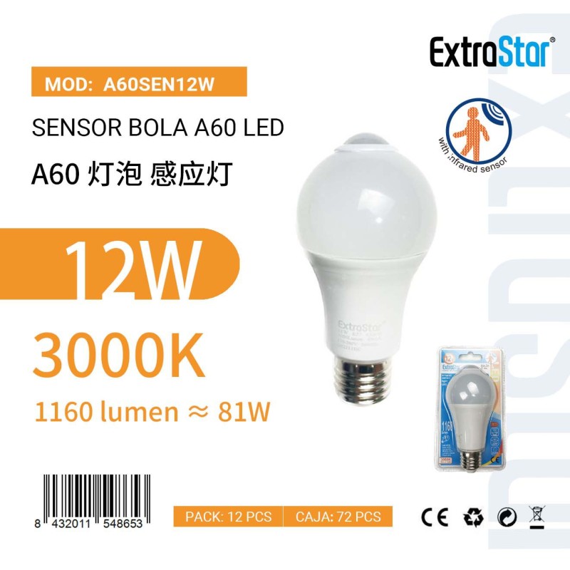 Sensor LED con luz infrarroja A60 E27,12W