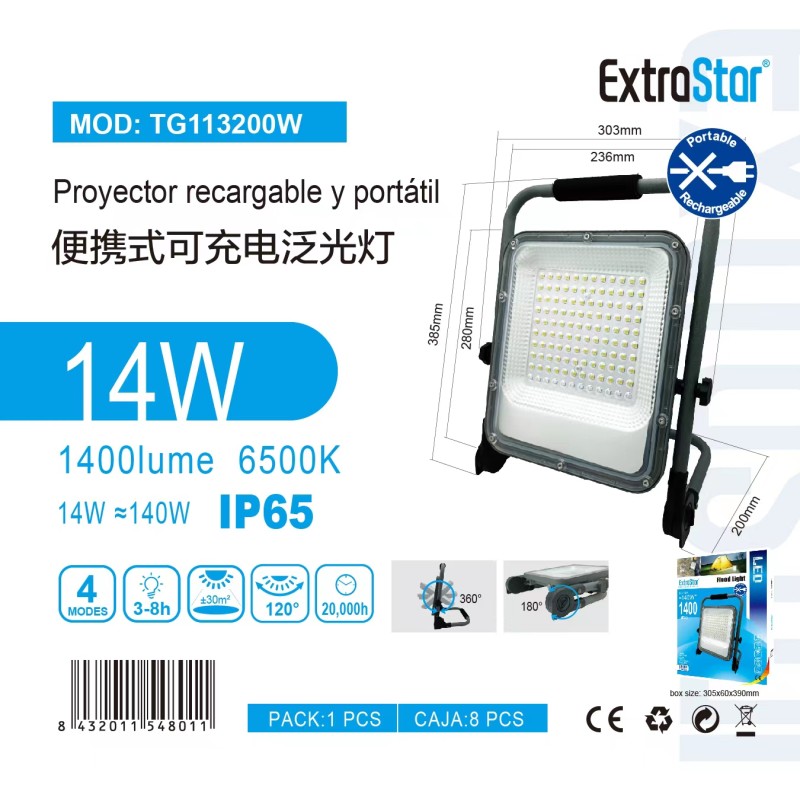 Foco LED recargable 14W 6500K