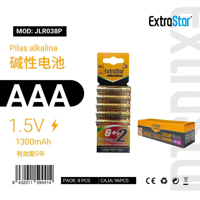 Pilas Alkaline AAA 1.5V  1300mAh Pack 6+2