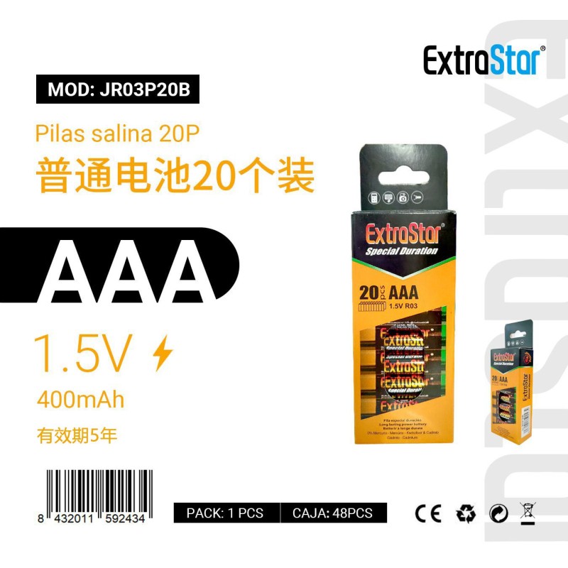 Pilas Extrastar AAA 1.5V 400mAh Pack 20