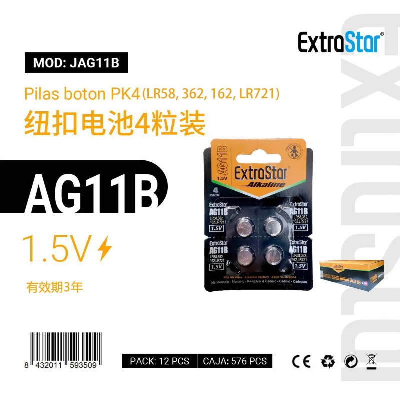 Pilas de Botón AG11B Pk 4 (LR58,362,162,LR721) 1.5V