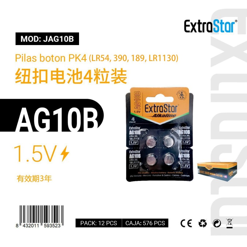 Pilas de Botón AG10B Pk 4(LR54,390,189,LR1130) 1.5V