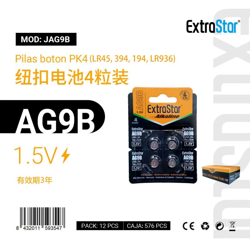 Pilas de Botón AG9B Pk 4 (LR45,394,194,LR936) 1.5V