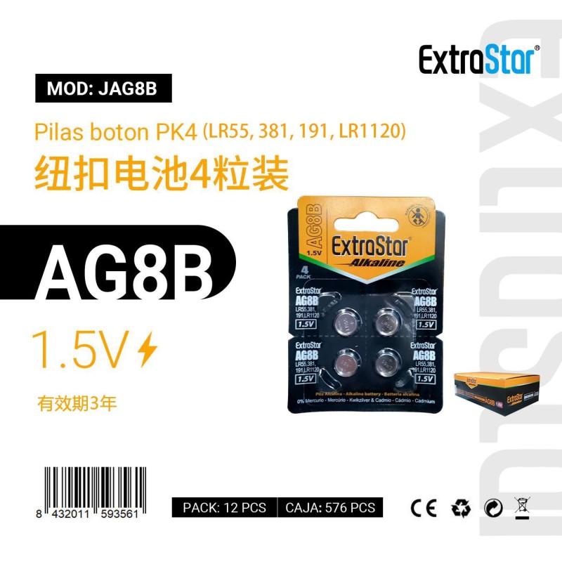 Pilas de Botón AG8B 1.5V Pk 4 (LR55,381,19,LR1120)