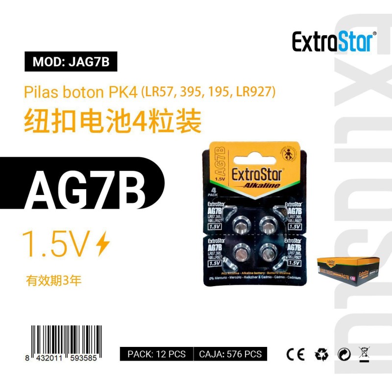 Pilas de Botón AG7B 1.5V Pk 4 (LR57,395,195,LR927)