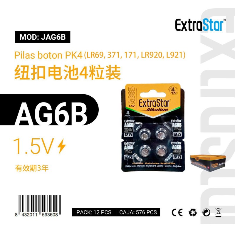 Pilas de Botón AG6B 1.5V Pk 4 (LR69,371,171,LR920,L921)