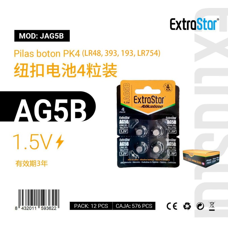 Pilas de Botón AG5B 1.5V Pk 4 (LR48,393,193,LR754)