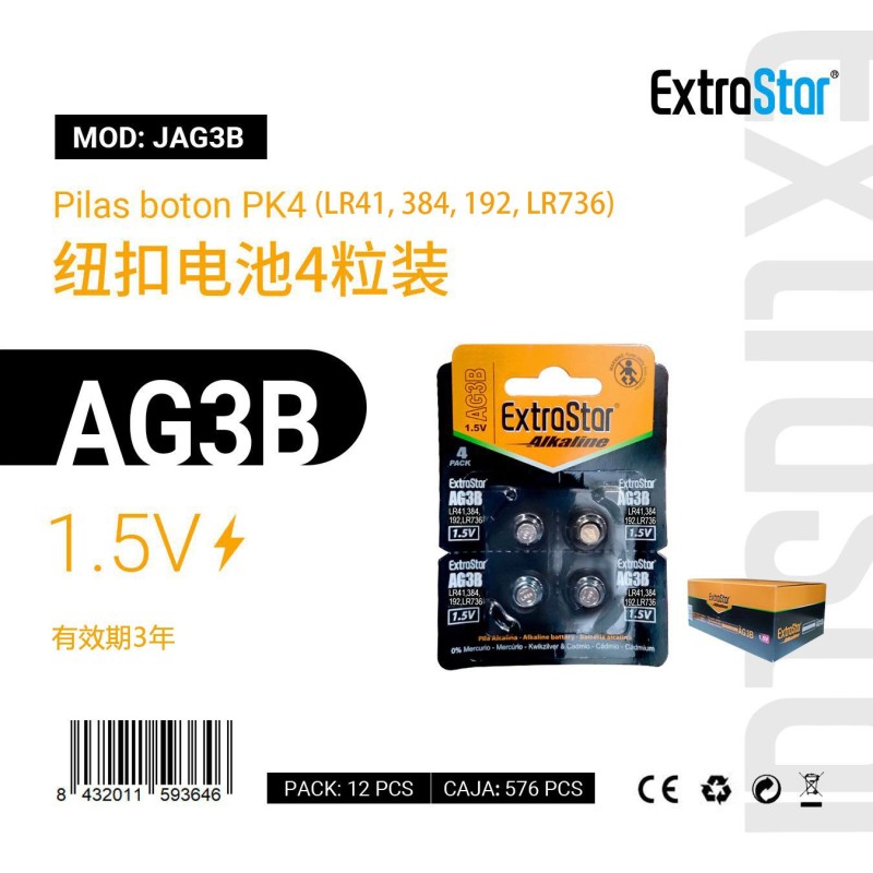 Pilas de Botón AG3B 1.5V Pk 4 (LR41,384,192,LR736)