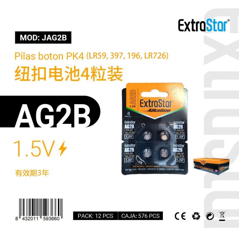 Pilas de Botón AG2B 1.5V Pk 4 (LR59,397,196,LR726)