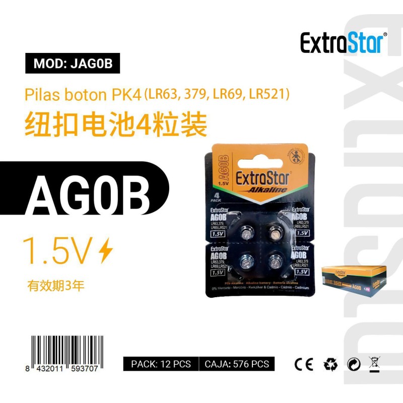 Pilas de Botón AG0B 1.5V Pk 4 (LR63,379,LR69,LR521)