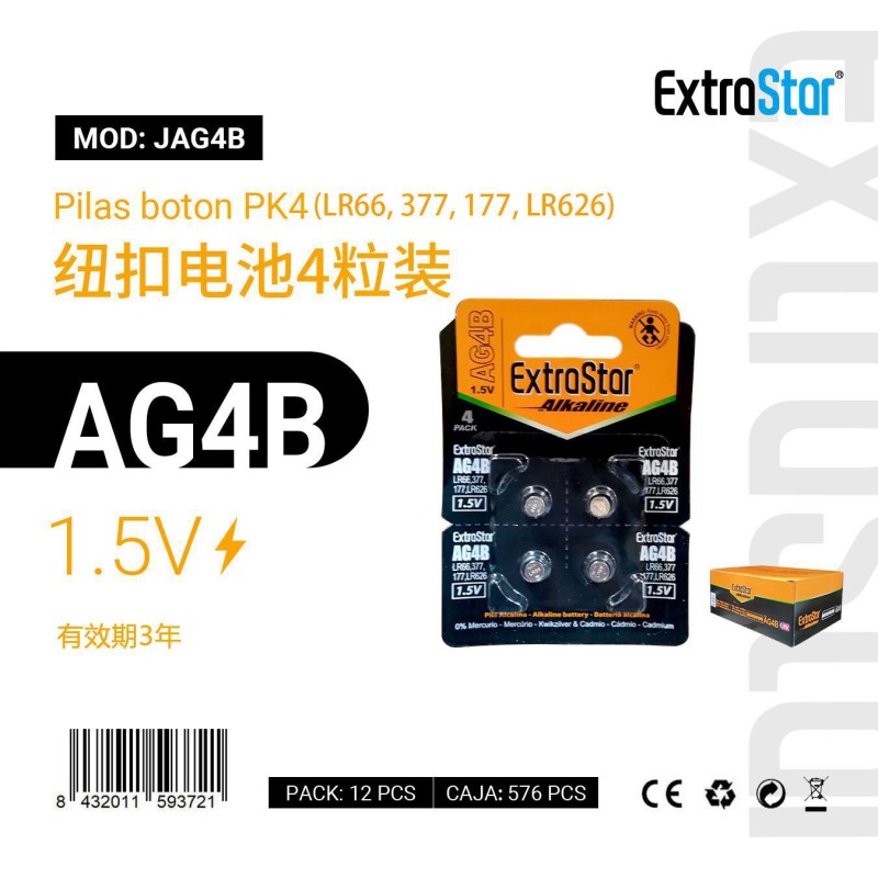 Pilas de Botón AG4B 1.5V Pk 4 (LR66,377,177,LR626)