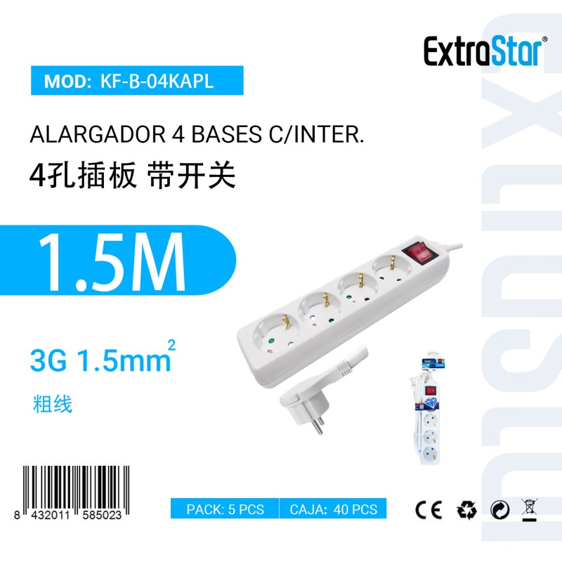 Alargador 4 Bases C/Interruptor 1.5 metro 3G 1.5mm2