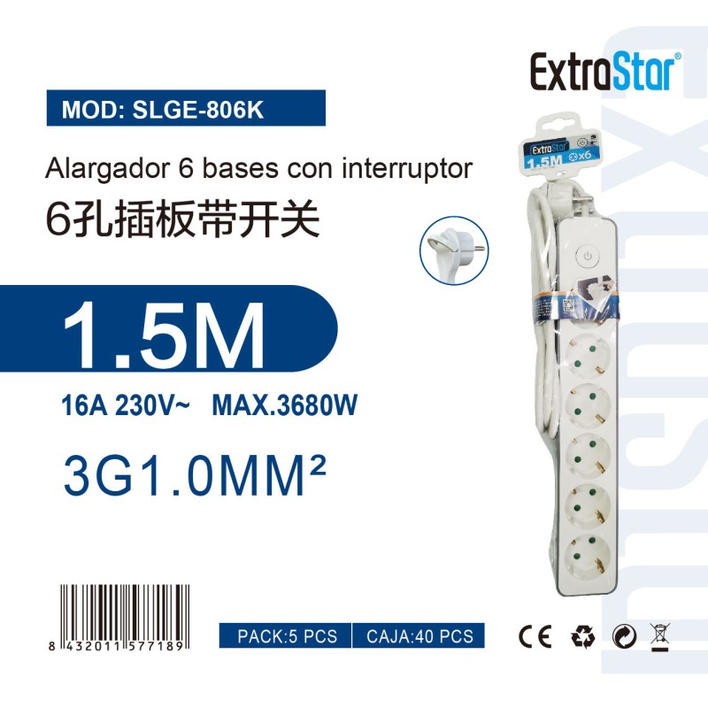 Alargador 6 Bases C/Interruptor 1.5 Metro 3G 1.0m㎡