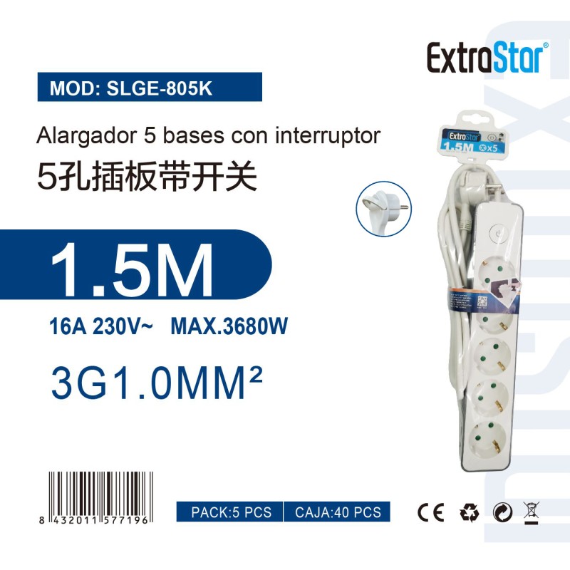 Alargador 5 Bases C/Interruptor 1.5Metro 3G 1.0m㎡