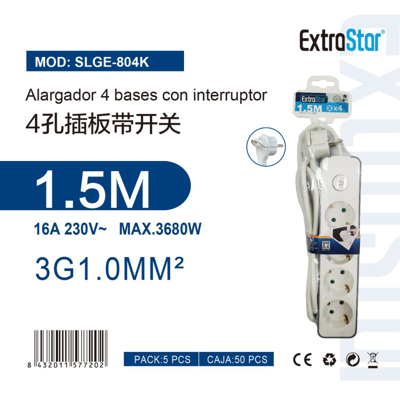 Alargador 4 Bases C/Interruptor 1.5Metro 3G 1.0m㎡