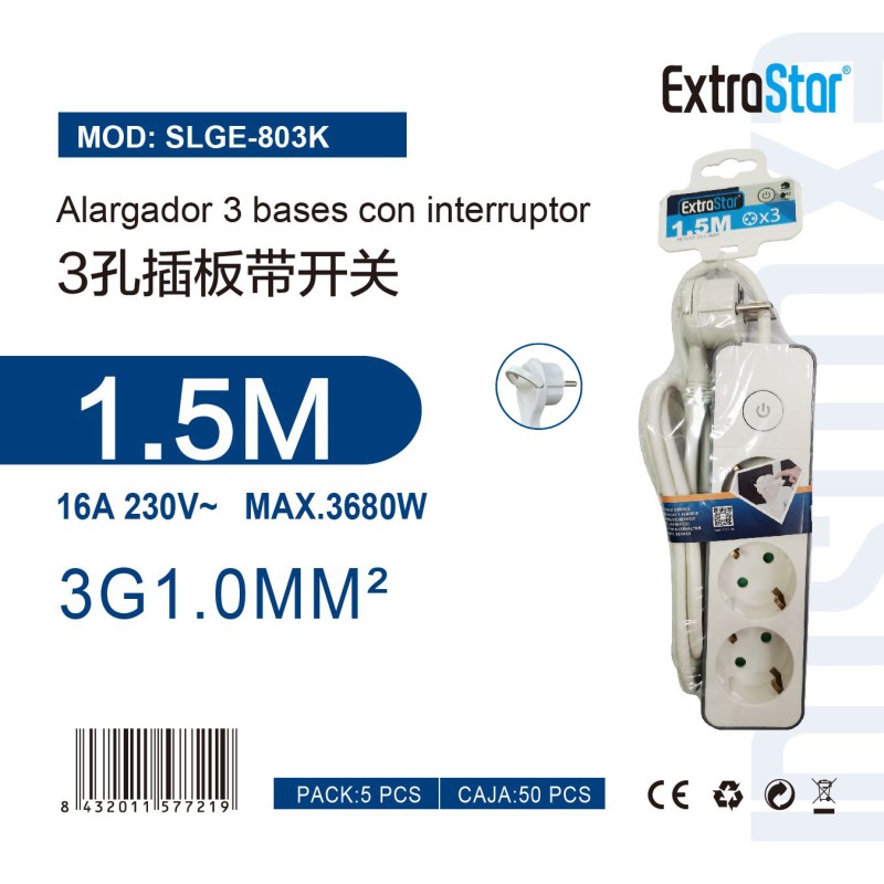 Alargador 3 Bases C/Interruptor 1.5 Metro 3G 1.0m㎡