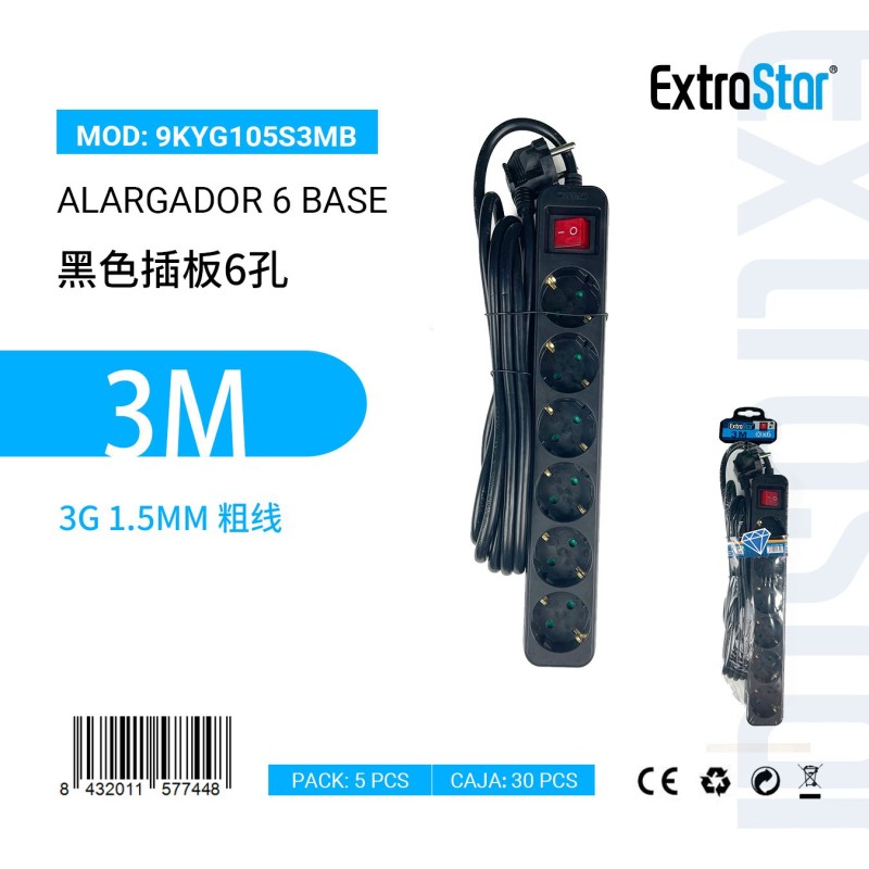 Alargador 6 Bases C/Interruptor 3Metro 3G 1.5m㎡