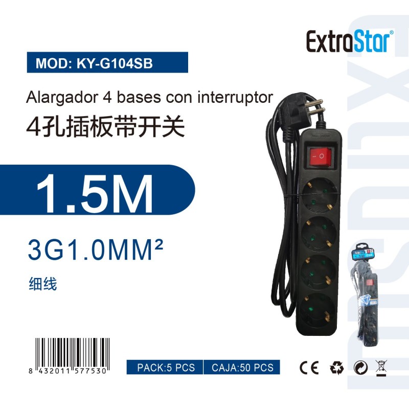 Alargador 4Bases C/Interruptor 1.5Metro 3G 1.0m㎡