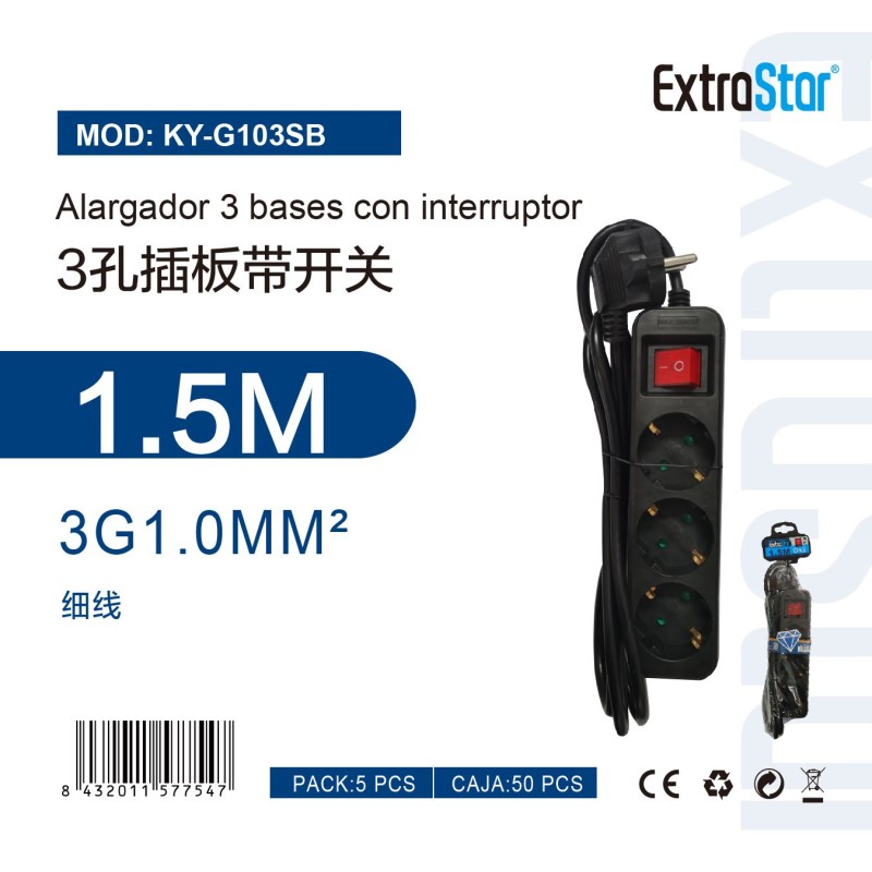 Alargador 3Bases C/Interruptor 1.5Metro 3G 1.0m㎡