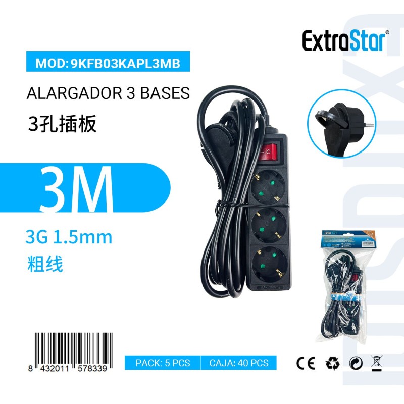 Alargador 3 Bases C/Interruptor 3Metro 3G 1.5m㎡