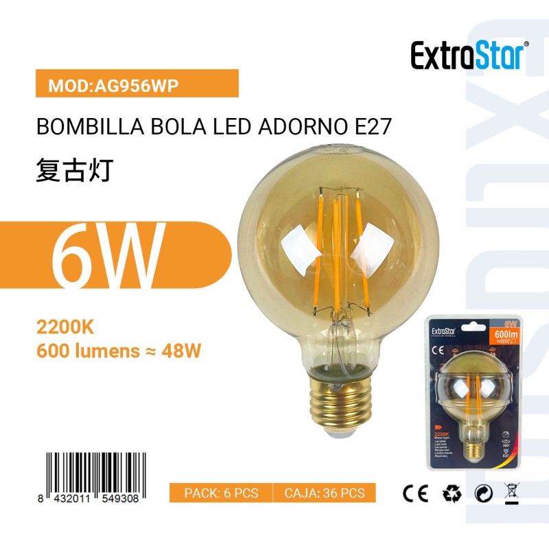 Bombilla Bola LED ADORNO E27 6W 2200K