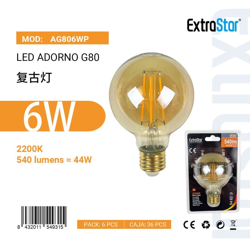 Bombilla Bola LED ADORNO G80 E27 6W 2200K