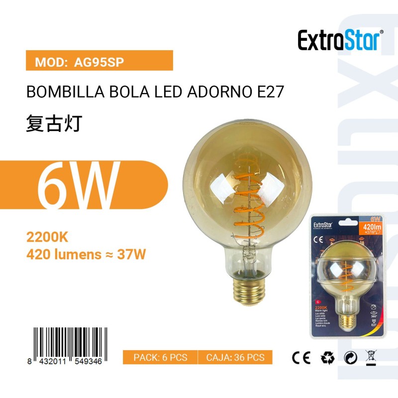 Bombilla Bola LED ADORNO G80 E27 6W 2200K