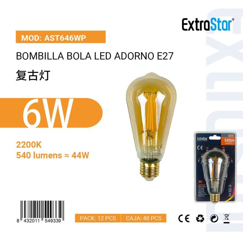 Bombilla Bola LED Adorno E27 6W 2200K
