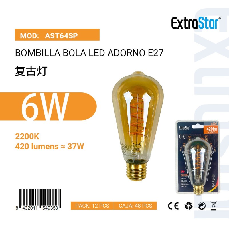 Bombilla Bola LED Adorno E27 6W 2200K