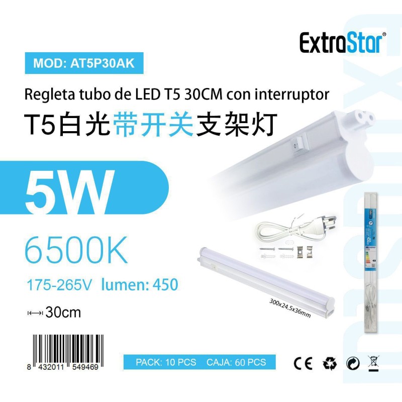 Regleta tubo de LED T5 30CM C/Interruptor 5W 6500K