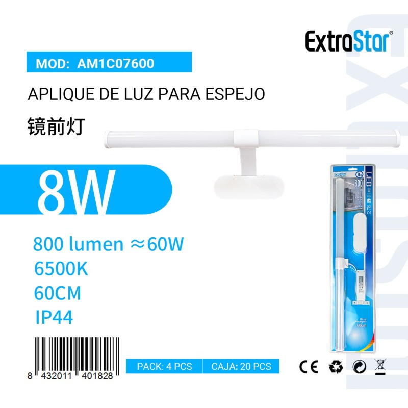 Aplique de luz para espejo 60CM 8W 6500K