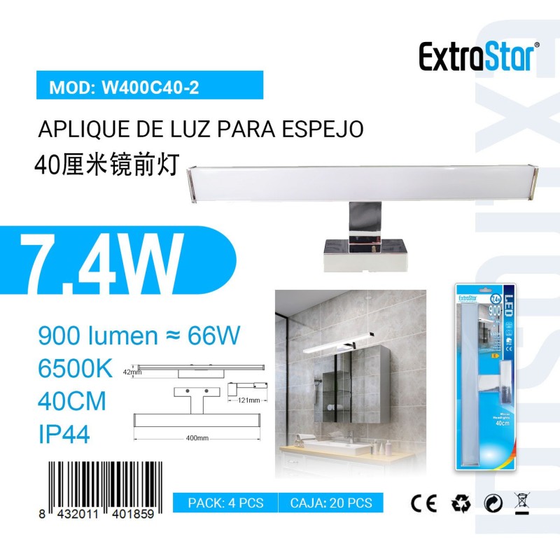 Aplique de luz para espejo 40cm 7.4W 6500K