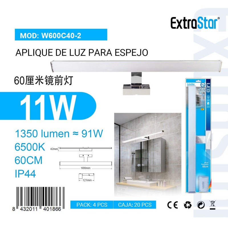 Aplique de luz para espejo 60cm 11W 6500K