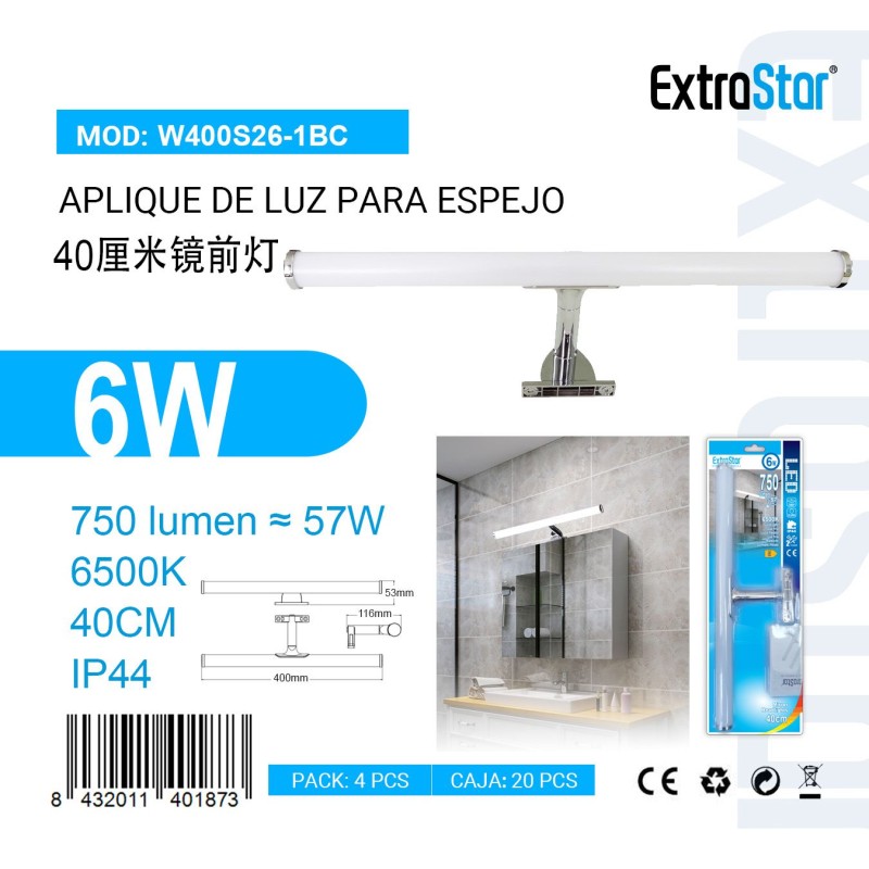 Aplique de luz para espejo 40cm 6W 6500K