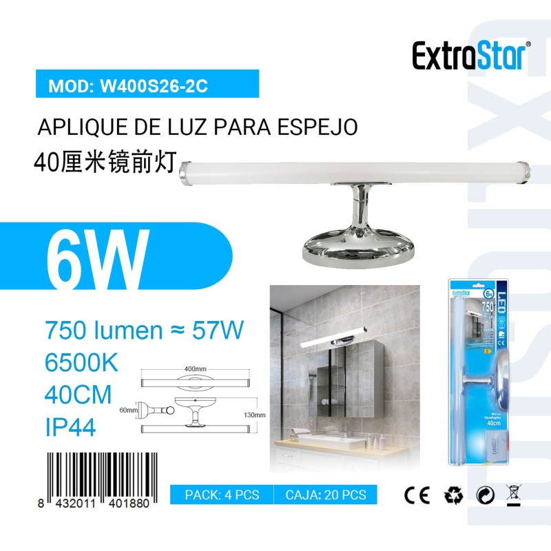 Aplique de luz para espejo 40cm 6W 6500K