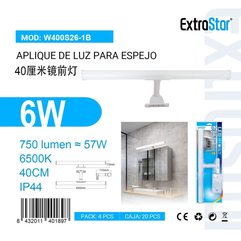 Aplique de luz para espejo 40cm 6W 6500K