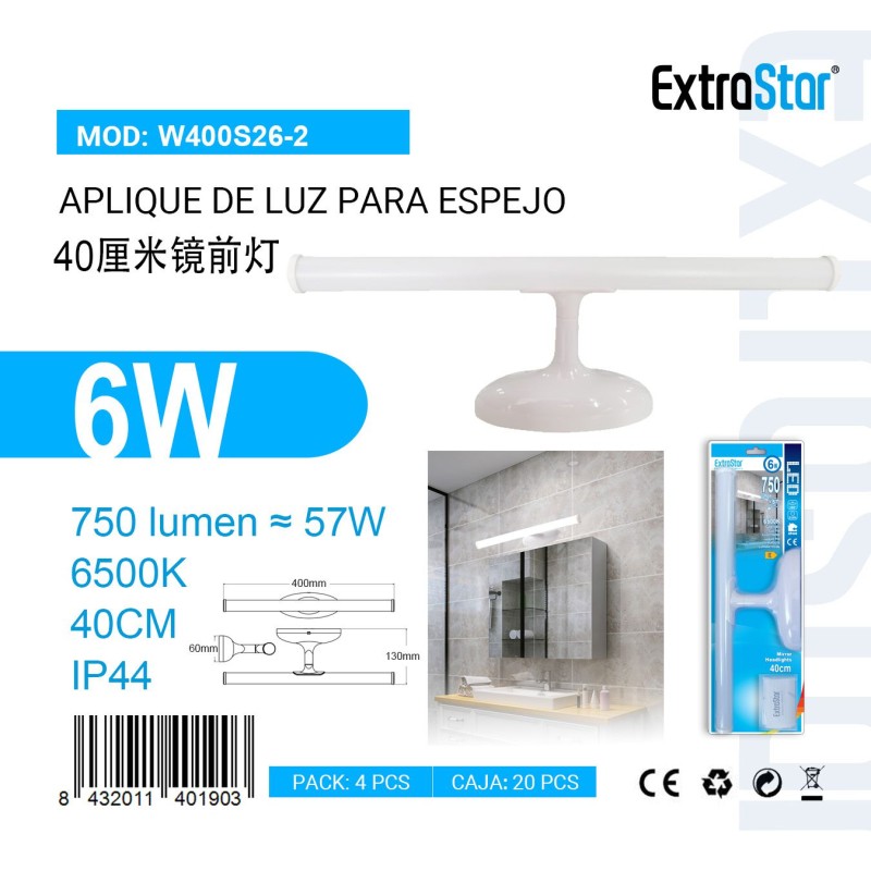 Aplique de luz para espejo 40cm 6W 6500K