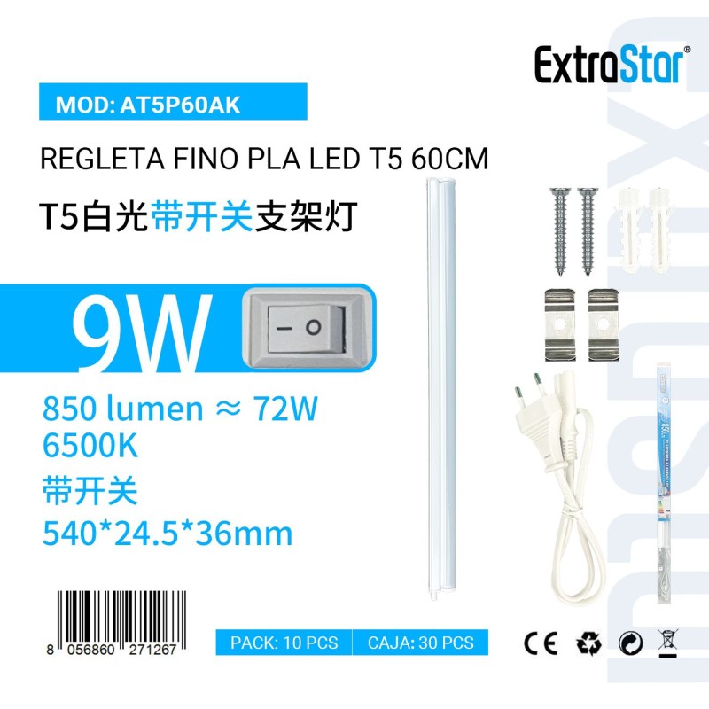 Regleta Fino Pla LED T5 60cm con interruptor