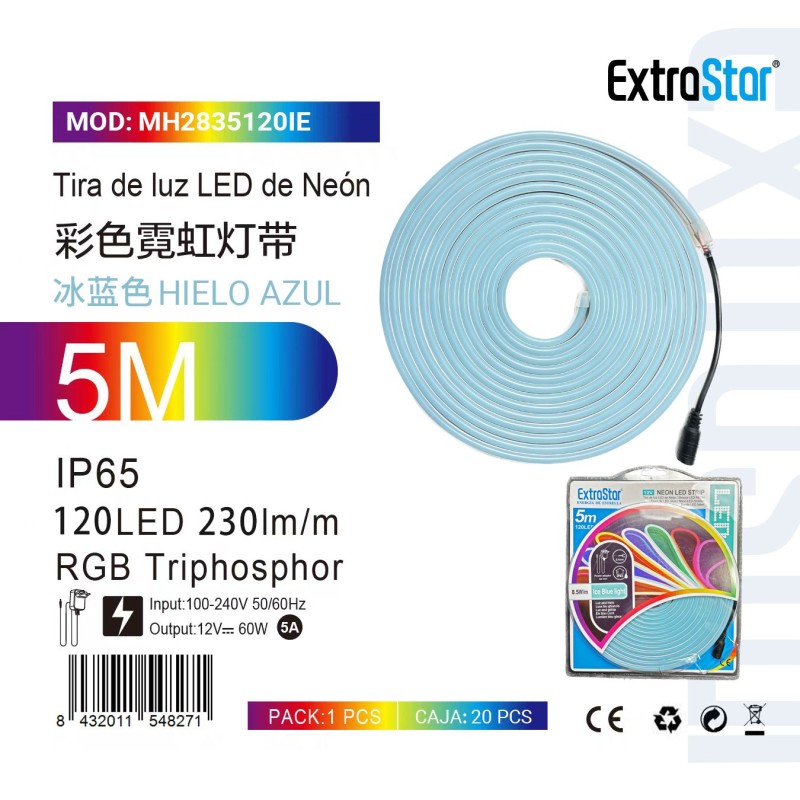 Tira de luz LED de Neón 5M 120LED  230Im/m C. Hielo azul