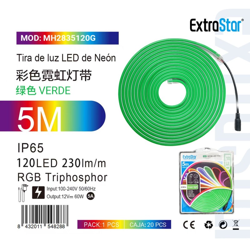 Tira de luz LED de Neón 5m 120LED 230Im/m C. Verde