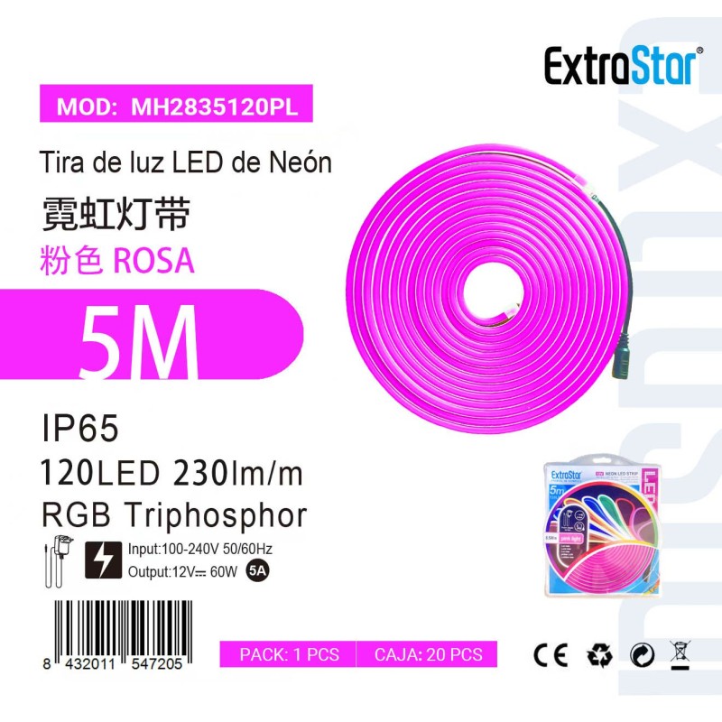 Tira de luz LED de Neón 5m 120LED 230Im/m C. Rosa