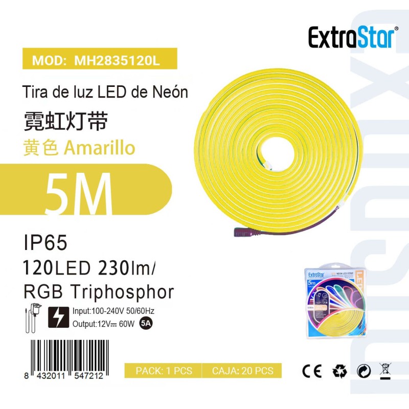 Tira de luz LED de Neón 5m 120LED 230Im/m C. Amarillo