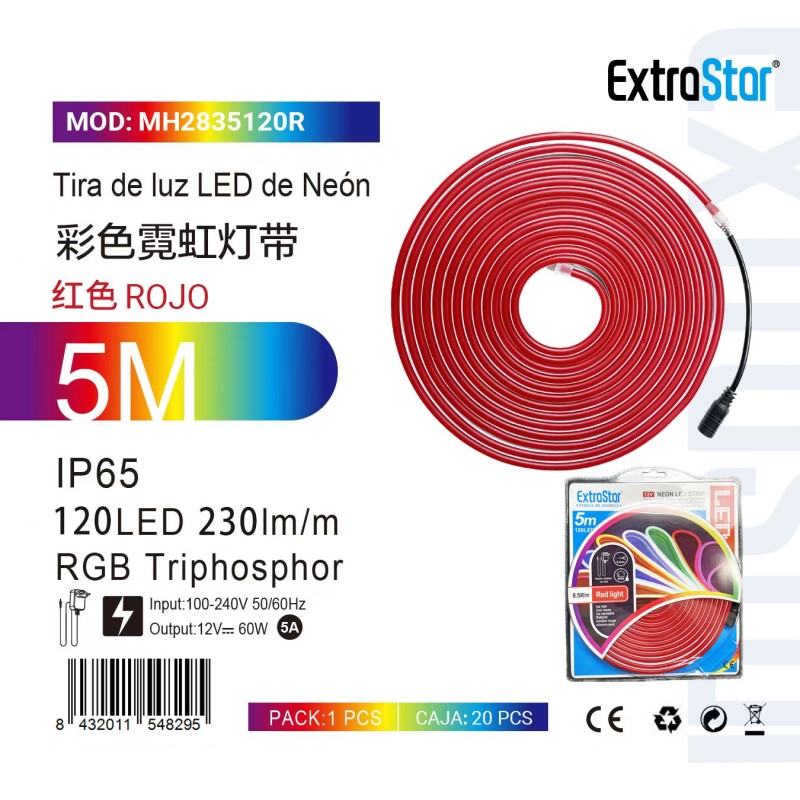 Tira de luz LED de Neón 5m 120LED 230Im/m C. Rojo