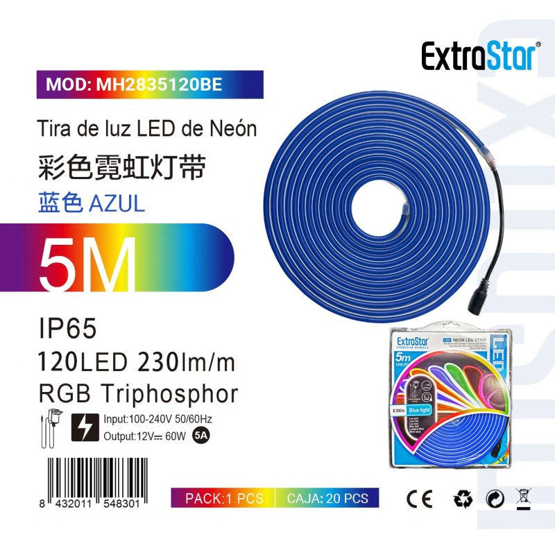 Tira de luz LED de Neón 5m 120LED 230Im/m C. Azul