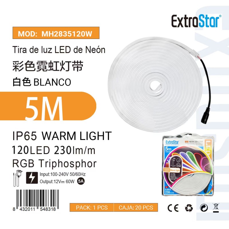 Tira de luz LED de Neón 5m 120LED 230Im/m C. Cálida