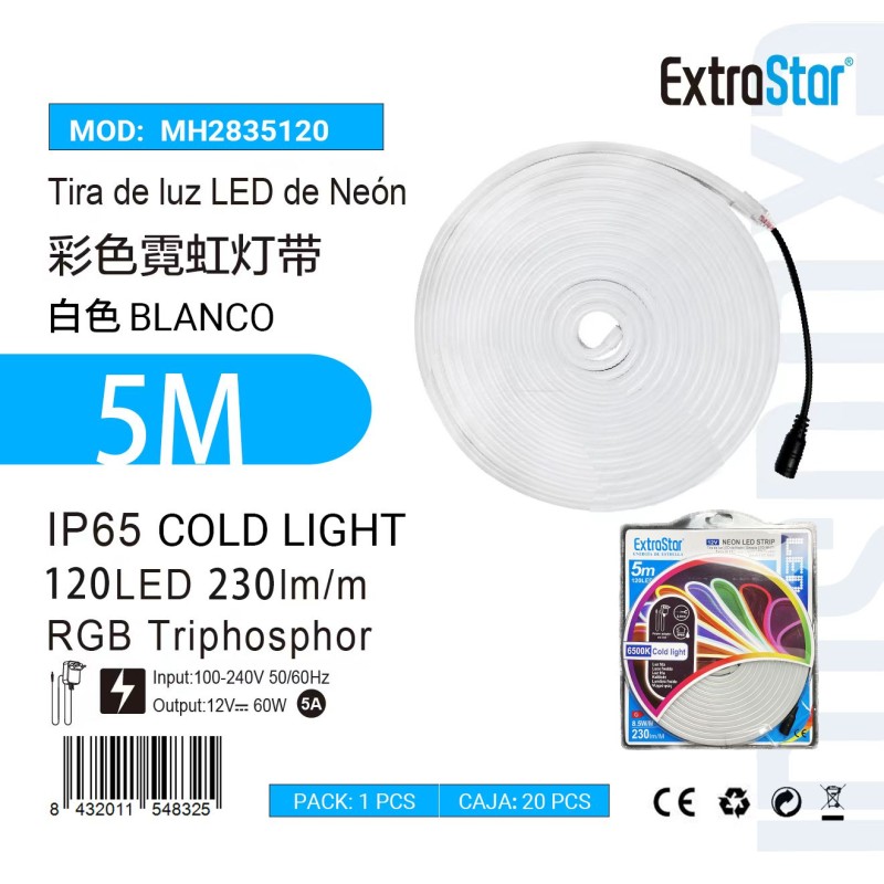 Tira de luz LED de Neón 5m 120LED 230Im/m C. Blanco